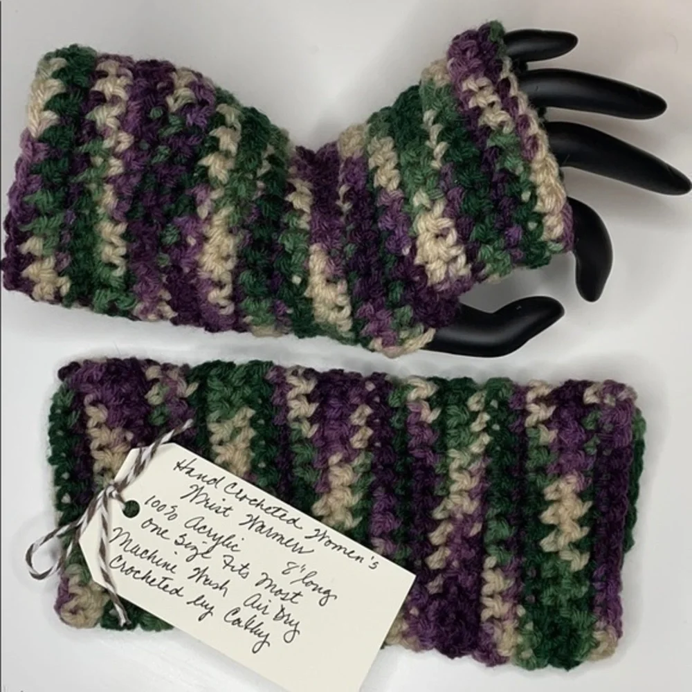 Handmade Fingerless Gloves OSFM Purple Green Tan Crochet Knit Contemporary
